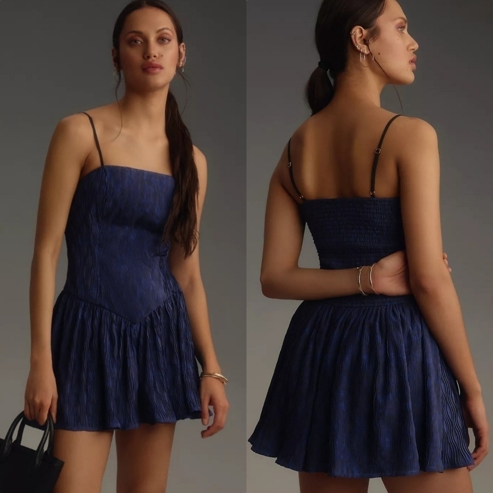 Hutch Anthropologie Sleeveless Drop Waist Square Neck Romper in Blue Motif NWT